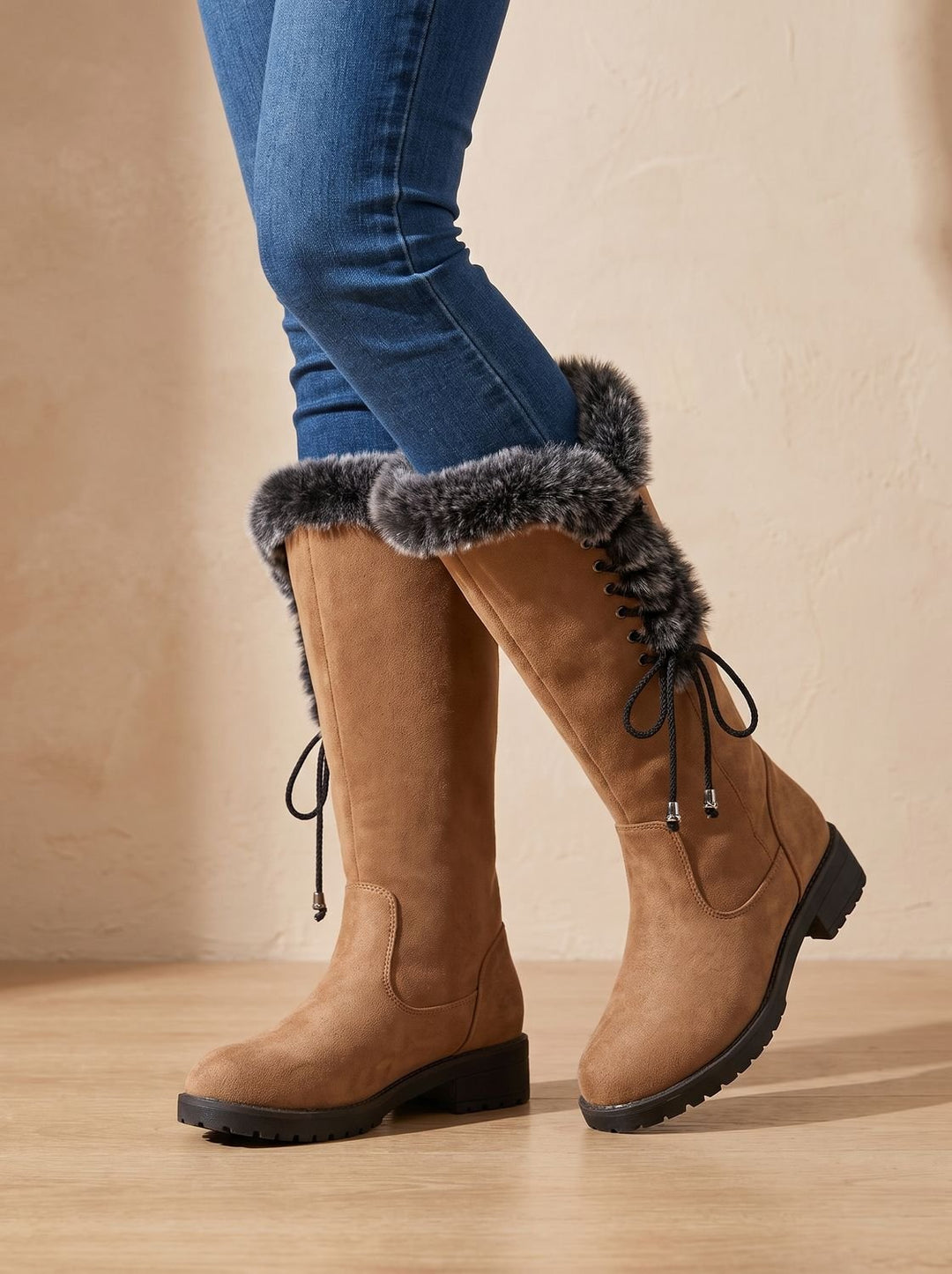 Women's Faux-Fur Trimmed Knee-High Block Heel Snow Boots