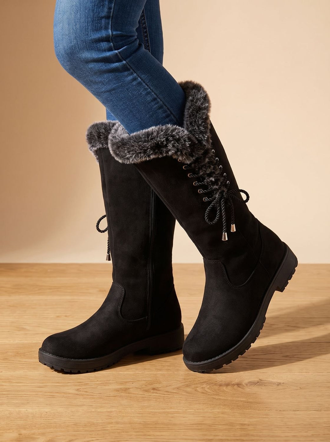 Women's Faux-Fur Trimmed Knee-High Block Heel Snow Boots