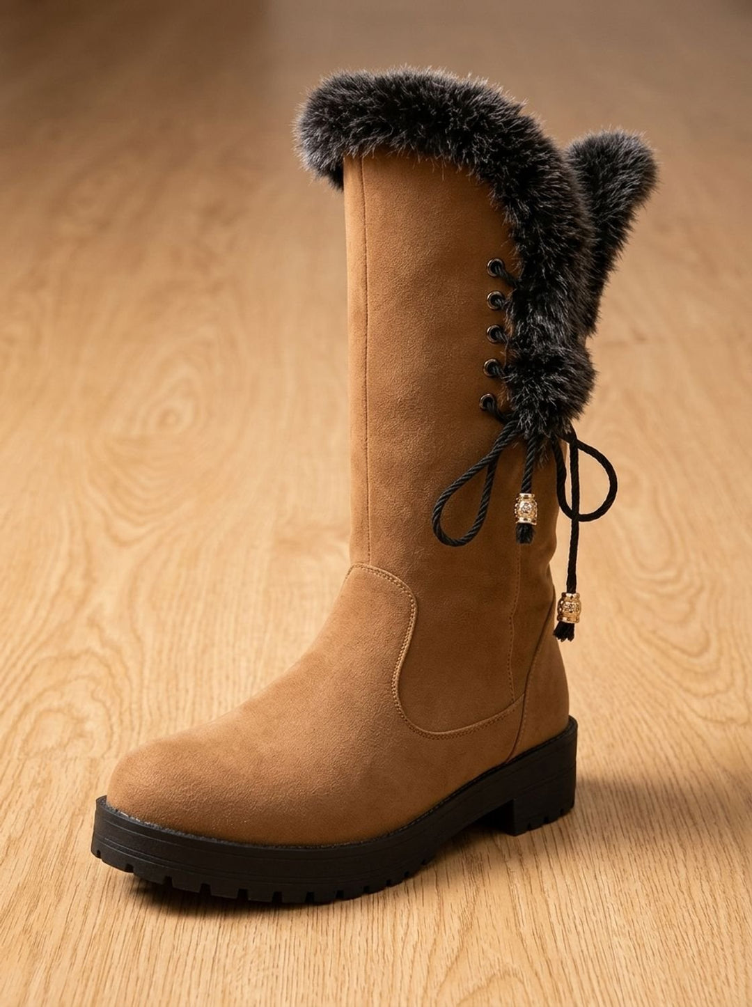 Women's Faux-Fur Trimmed Knee-High Block Heel Snow Boots