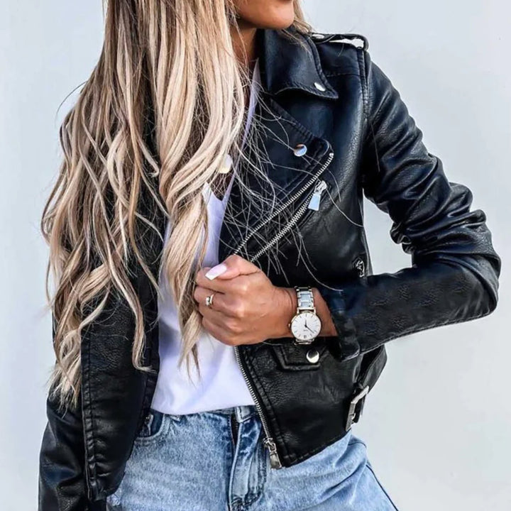 Women's Faux Leather Asymmetric-Zip Moto Biker Jacket - Black