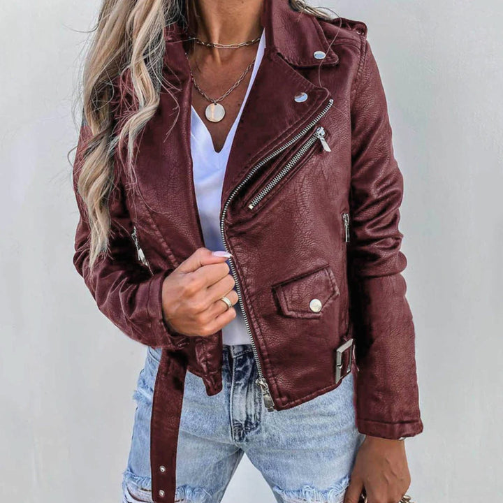 Women's Faux Leather Asymmetric-Zip Moto Biker Jacket - Red