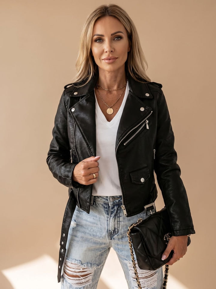 Women's Faux Leather Asymmetric Zip Moto Jacket - Black