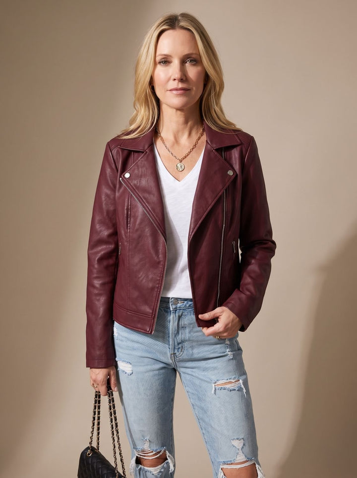 Women's Faux Leather Asymmetric Zip Moto Jacket - Red
