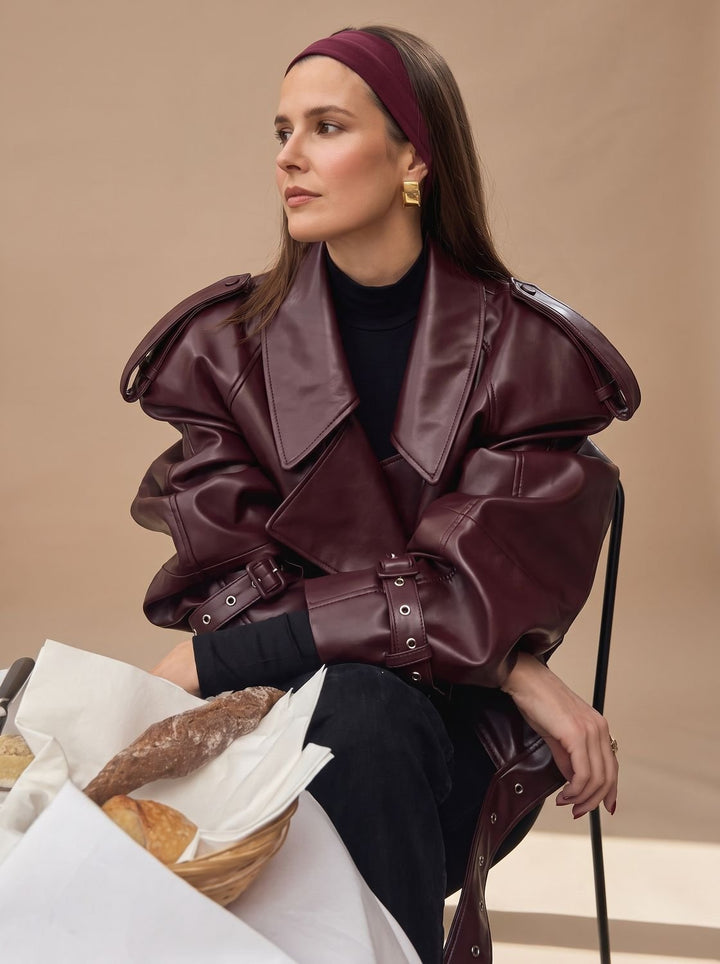 Women's Faux Leather Belted Oversized Moto Coat - Burgundy