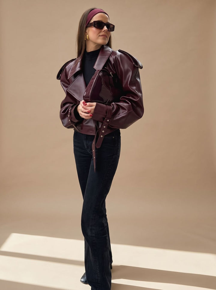 Women's Faux Leather Belted Oversized Moto Coat