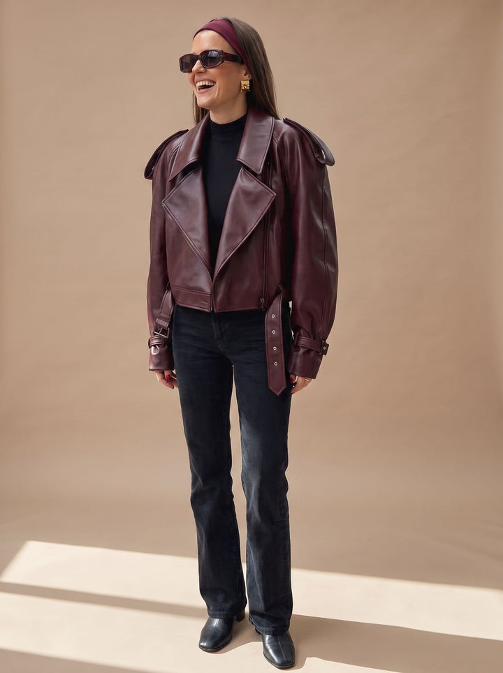 Women's Faux Leather Belted Oversized Moto Coat