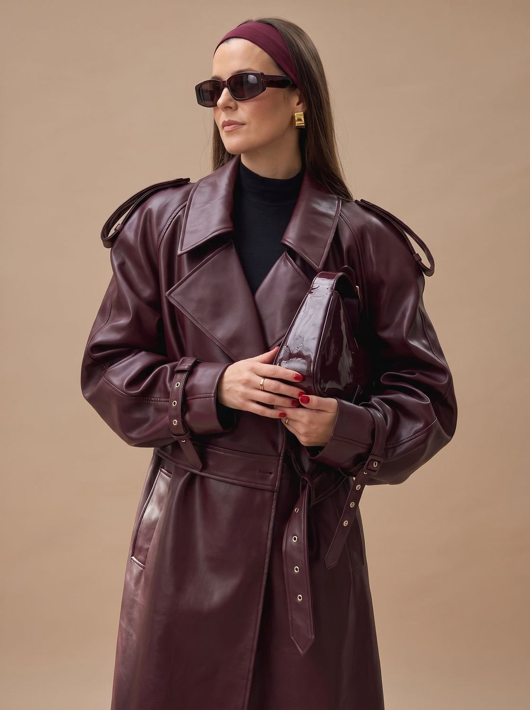Women's Faux Leather Belted Oversized Moto Coat