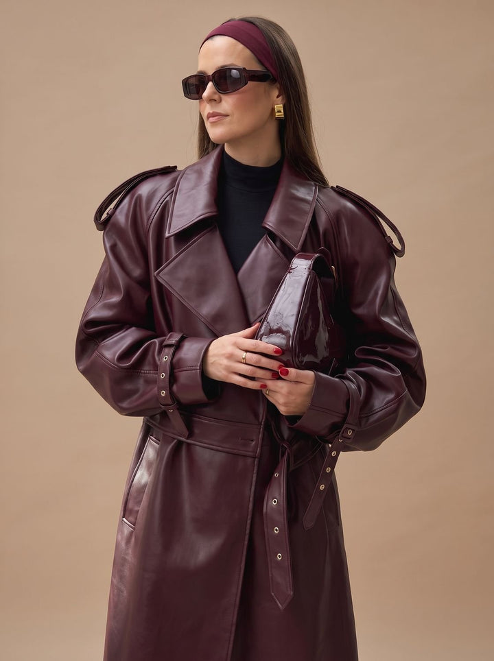 Women's Faux Leather Belted Oversized Moto Coat