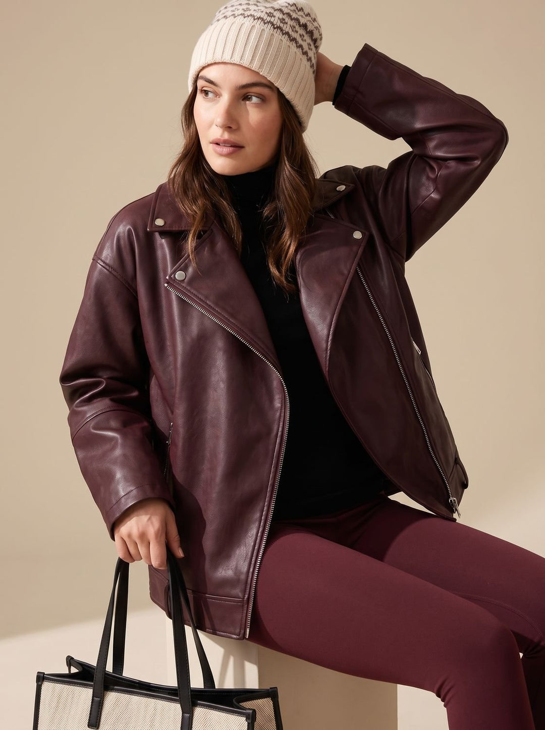 Women's Faux Leather Belted Oversized Moto Coat
