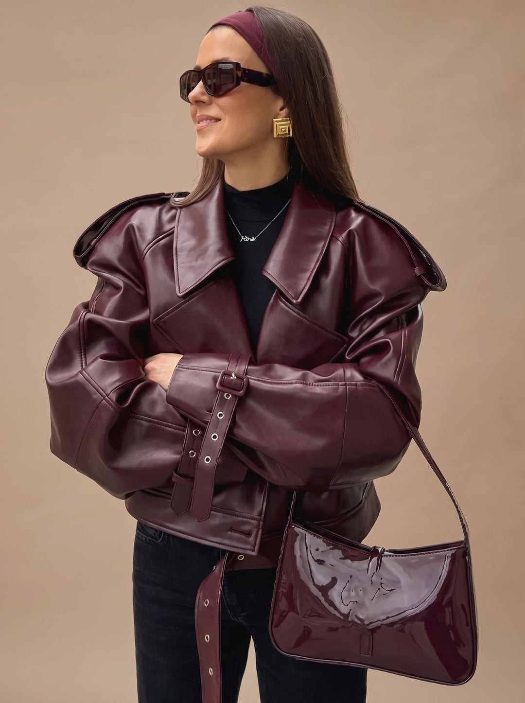 Women's Faux Leather Belted Oversized Moto Coat