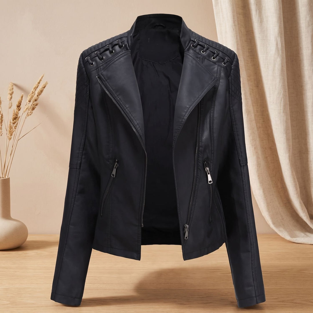 Women's Faux Leather Biker Jacket Moto Lace-Up Shoulder Zip-Up