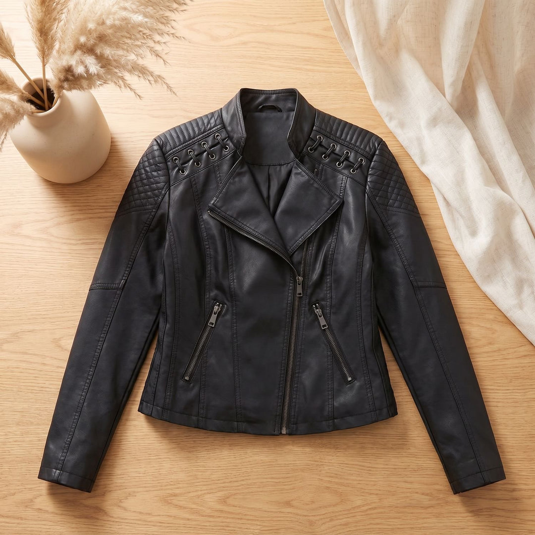 Women's Faux Leather Biker Jacket Moto Lace-Up Shoulder Zip-Up - Black