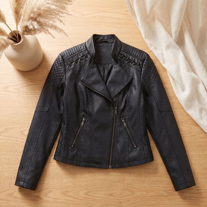 Women's Faux Leather Biker Jacket Moto Lace-Up Shoulder Zip-Up - Black
