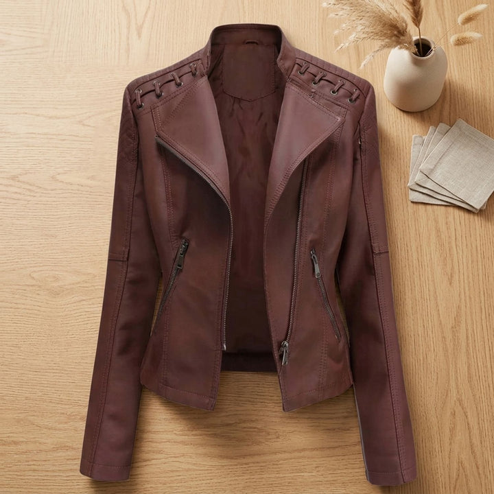 Women's Faux Leather Biker Jacket Moto Lace-Up Shoulder Zip-Up - Dark Brown