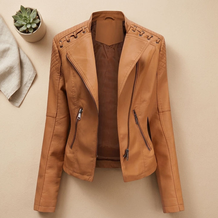 Women's Faux Leather Biker Jacket Moto Lace-Up Shoulder Zip-Up - Orange