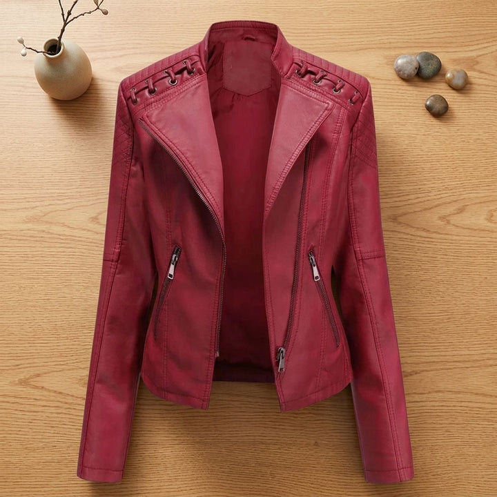 Women's Faux Leather Biker Jacket Moto Lace-Up Shoulder Zip-Up - Dark Red