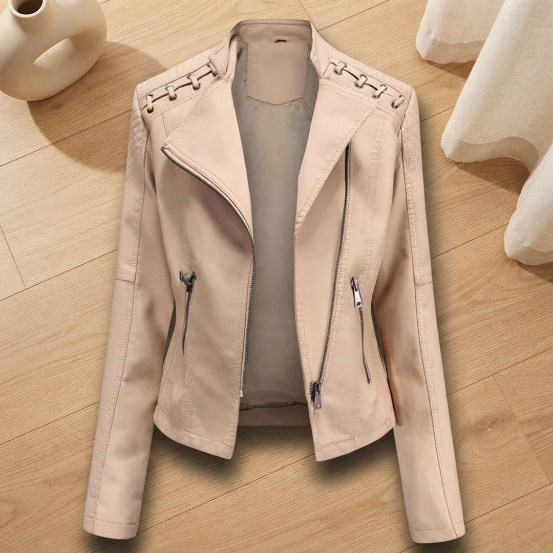Women's Faux Leather Biker Jacket Moto Lace-Up Shoulder Zip-Up - Khaki