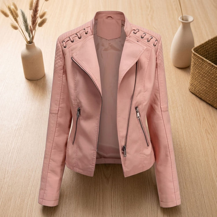 Women's Faux Leather Biker Jacket Moto Lace-Up Shoulder Zip-Up - Pink