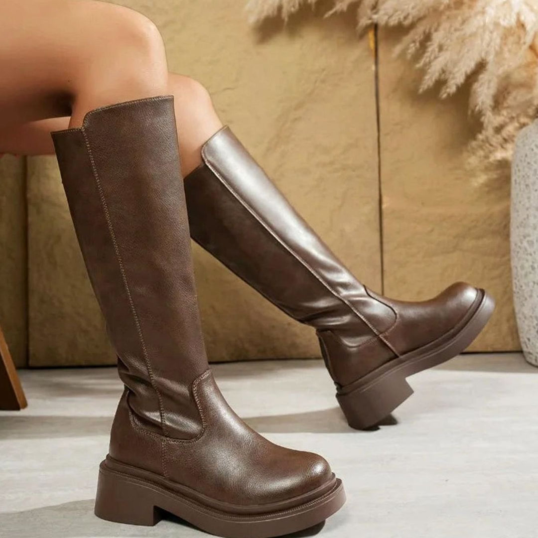 Women's Faux Leather Block-Heel Knee-High Boots