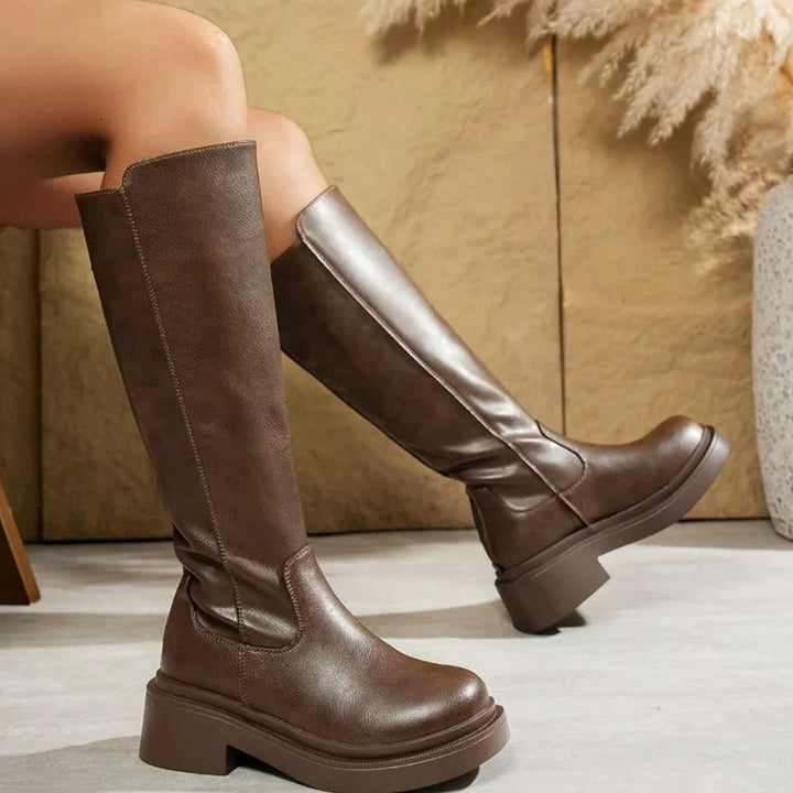 Women's Faux Leather Block-Heel Knee-High Boots