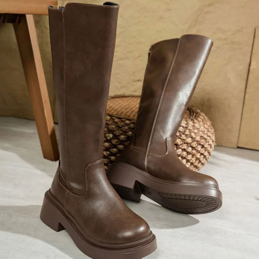 Women's Faux Leather Block-Heel Knee-High Boots - Brown