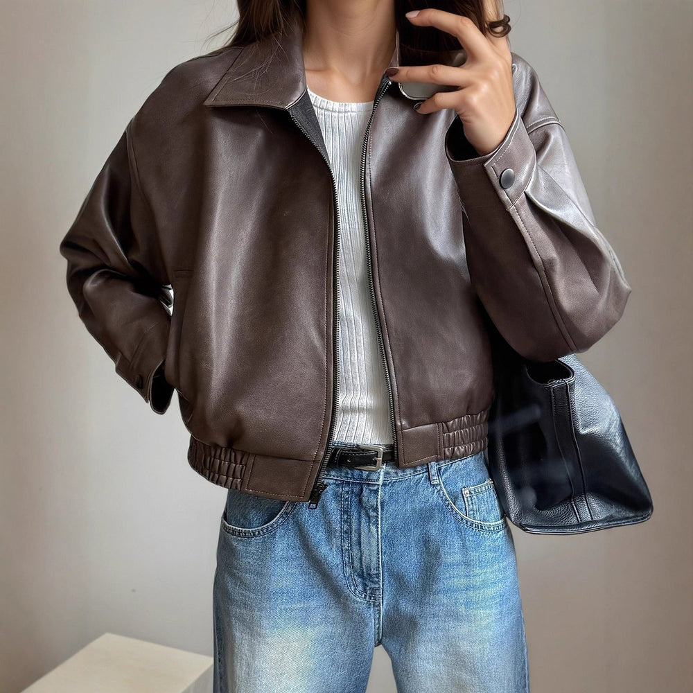 Women's Faux Leather Bomber Jacket Zip-Up Long Sleeve - Dark Brown