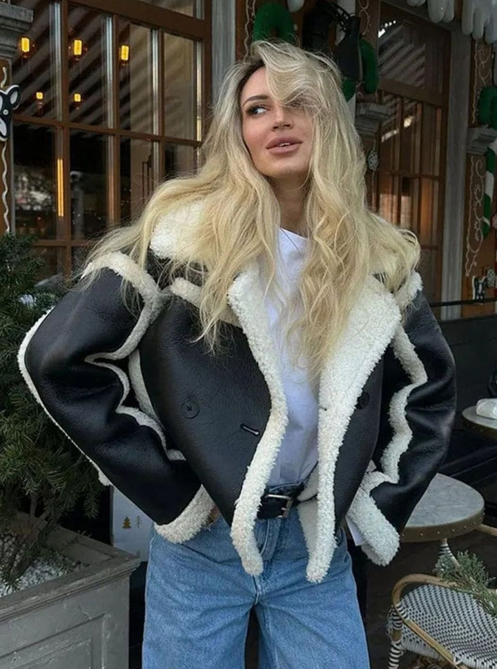 Women's Faux Leather Cropped Shearling Jacket Lapel Collar - Black
