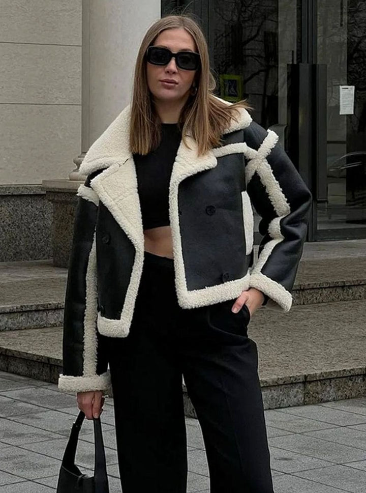 Women's Faux Leather Cropped Shearling Jacket Lapel Collar