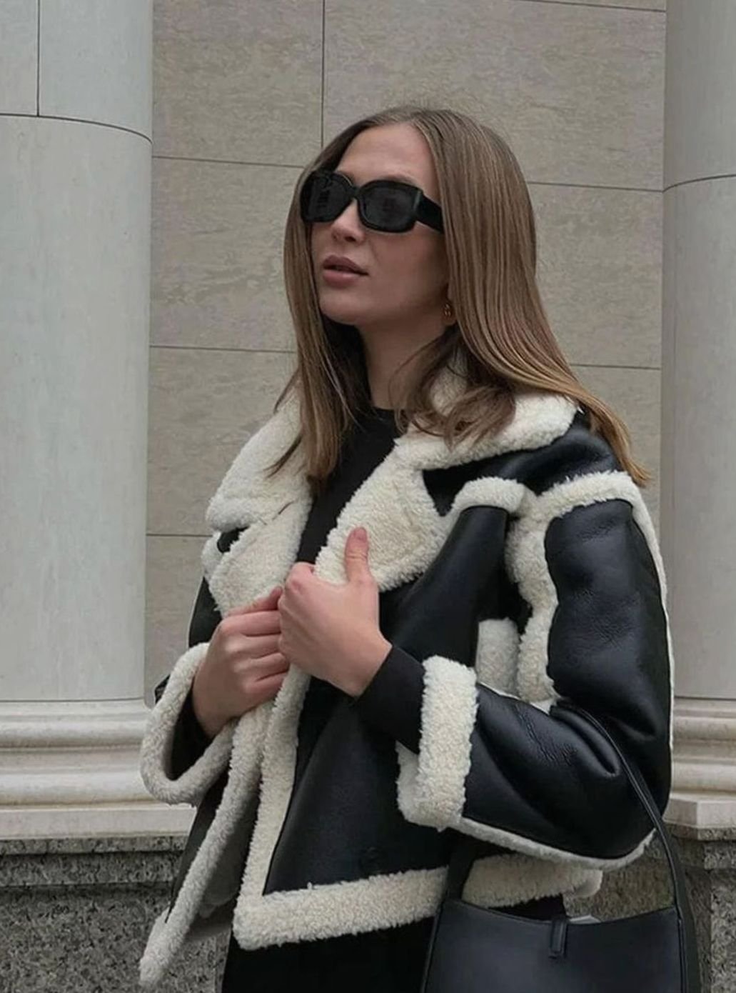 Women's Faux Leather Cropped Shearling Jacket Lapel Collar