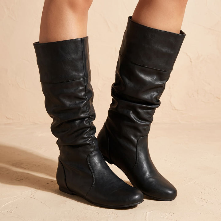 Women's Faux Leather Flat Slouch Mid-Calf Pull-On Boots
