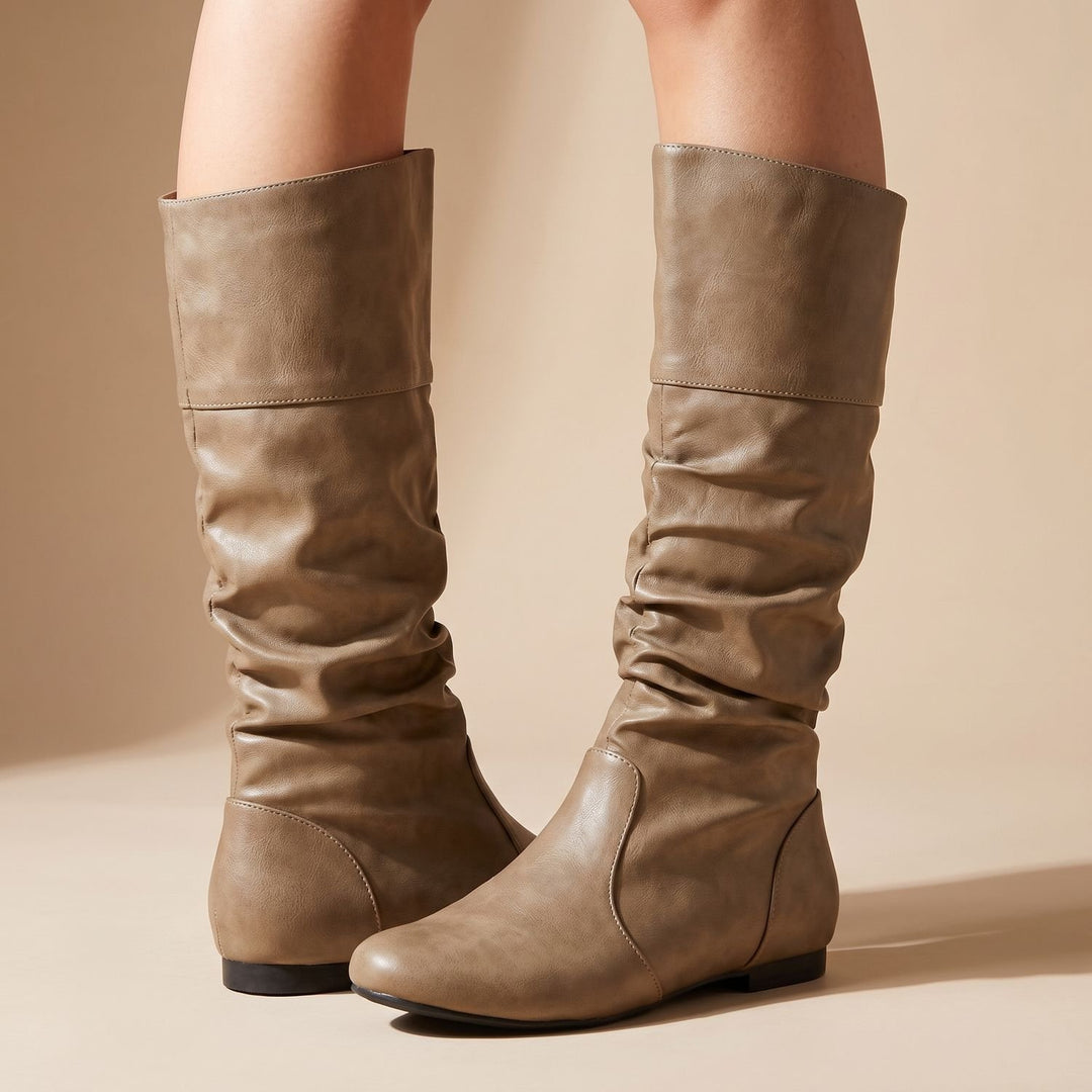 Women's Faux Leather Flat Slouch Mid-Calf Pull-On Boots