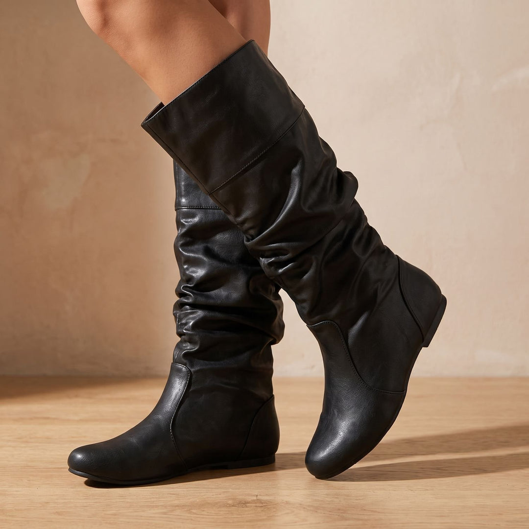 Women's Faux Leather Flat Slouch Mid-Calf Pull-On Boots - Black