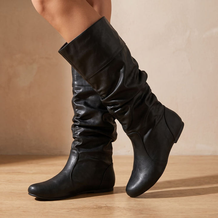 Women's Faux Leather Flat Slouch Mid-Calf Pull-On Boots - Black