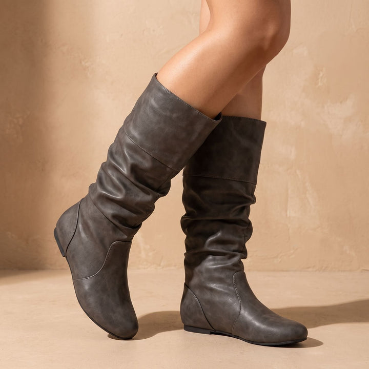 Women's Faux Leather Flat Slouch Mid-Calf Pull-On Boots - Gray