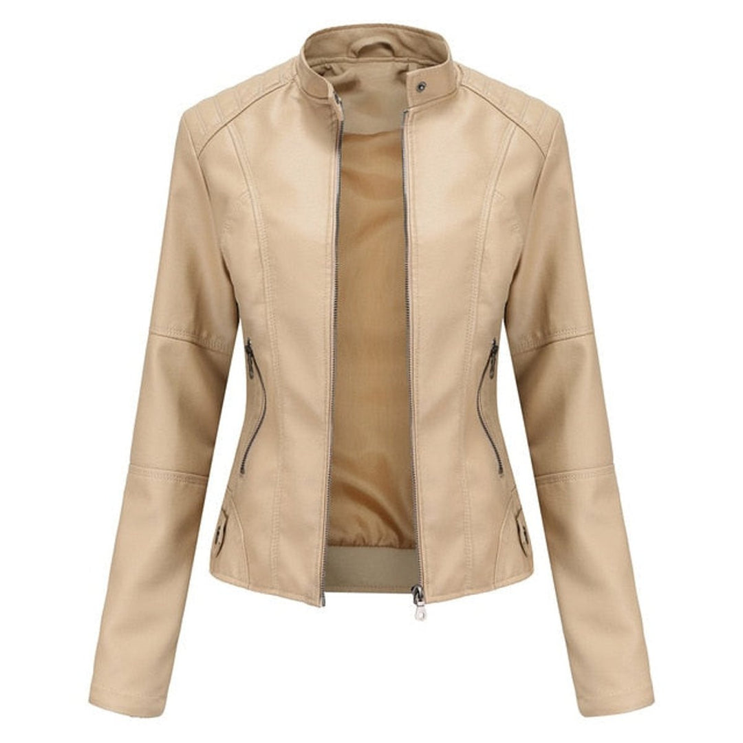 Women's Faux Leather Jacket Stand Collar Zip-Up Moto Jacket - Beige