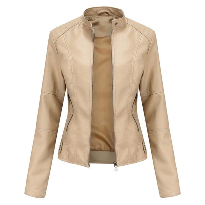 Women's Faux Leather Jacket Stand Collar Zip-Up Moto Jacket - Beige