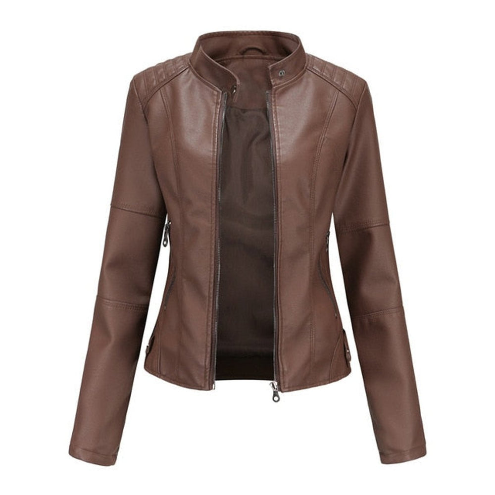 Women's Faux Leather Jacket Stand Collar Zip-Up Moto Jacket - Brown
