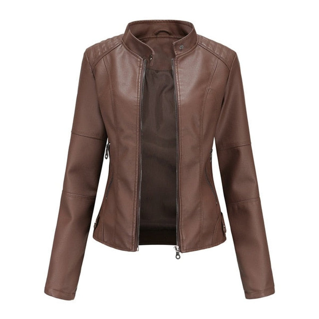 Women's Faux Leather Jacket Stand Collar Zip-Up Moto Jacket - Brown