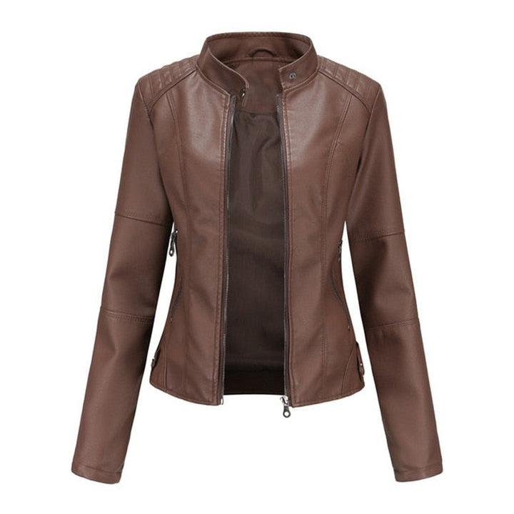 Women's Faux Leather Jacket Stand Collar Zip-Up Moto Jacket - Brown