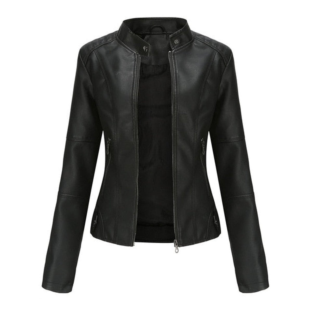 Women's Faux Leather Jacket Stand Collar Zip-Up Moto Jacket - Black