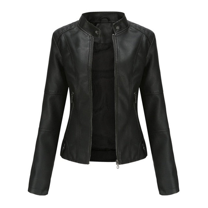 Women's Faux Leather Jacket Stand Collar Zip-Up Moto Jacket - Black