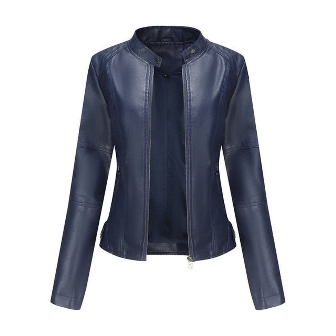 Women's Faux Leather Jacket Stand Collar Zip-Up Moto Jacket - Blue