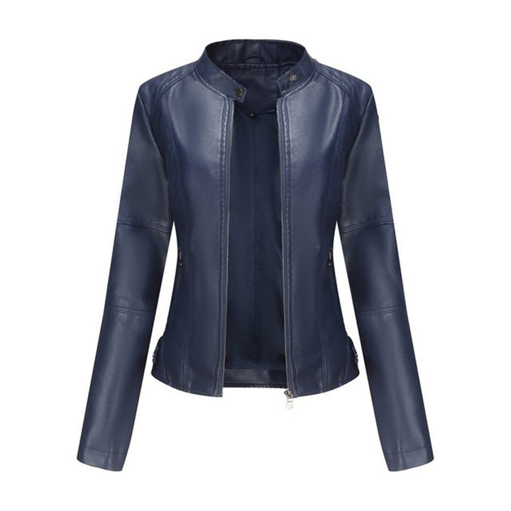 Women's Faux Leather Jacket Stand Collar Zip-Up Moto Jacket - Blue