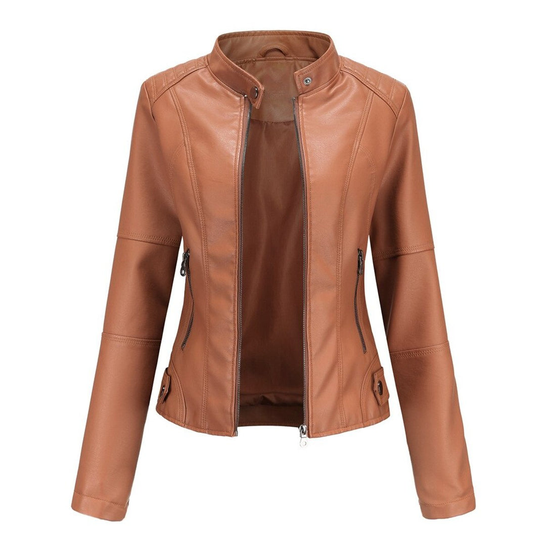 Women's Faux Leather Jacket Stand Collar Zip-Up Moto Jacket - Red-Brown