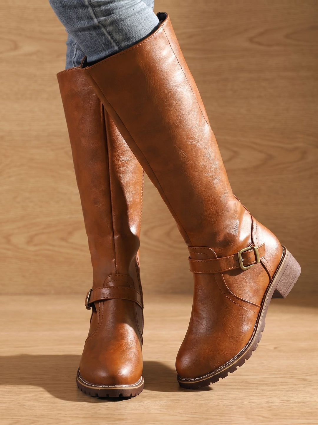 Women's Faux Leather Knee High Boots Buckle Side-Zip - Brown