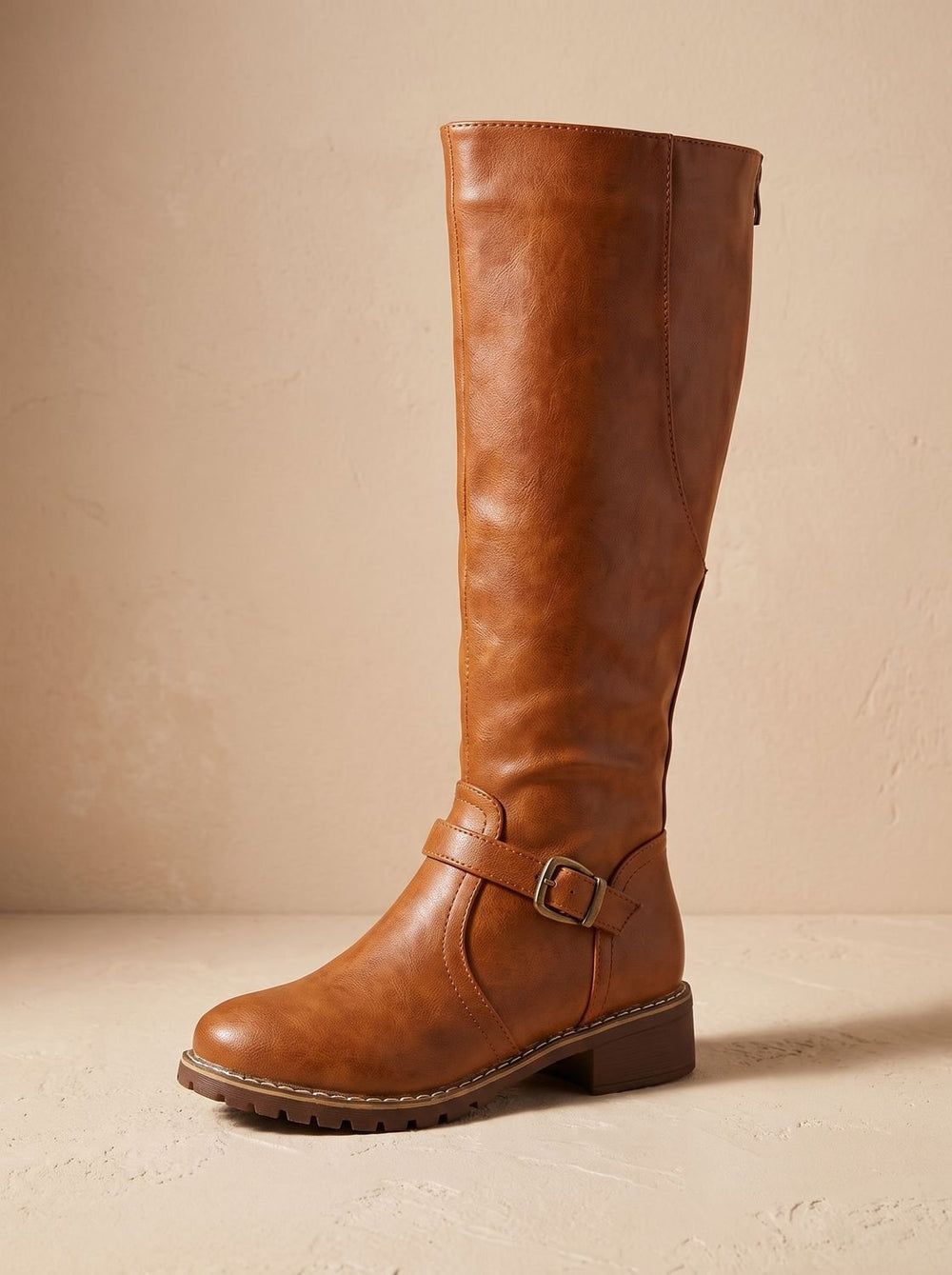 Women's Faux Leather Knee High Boots Buckle Side-Zip