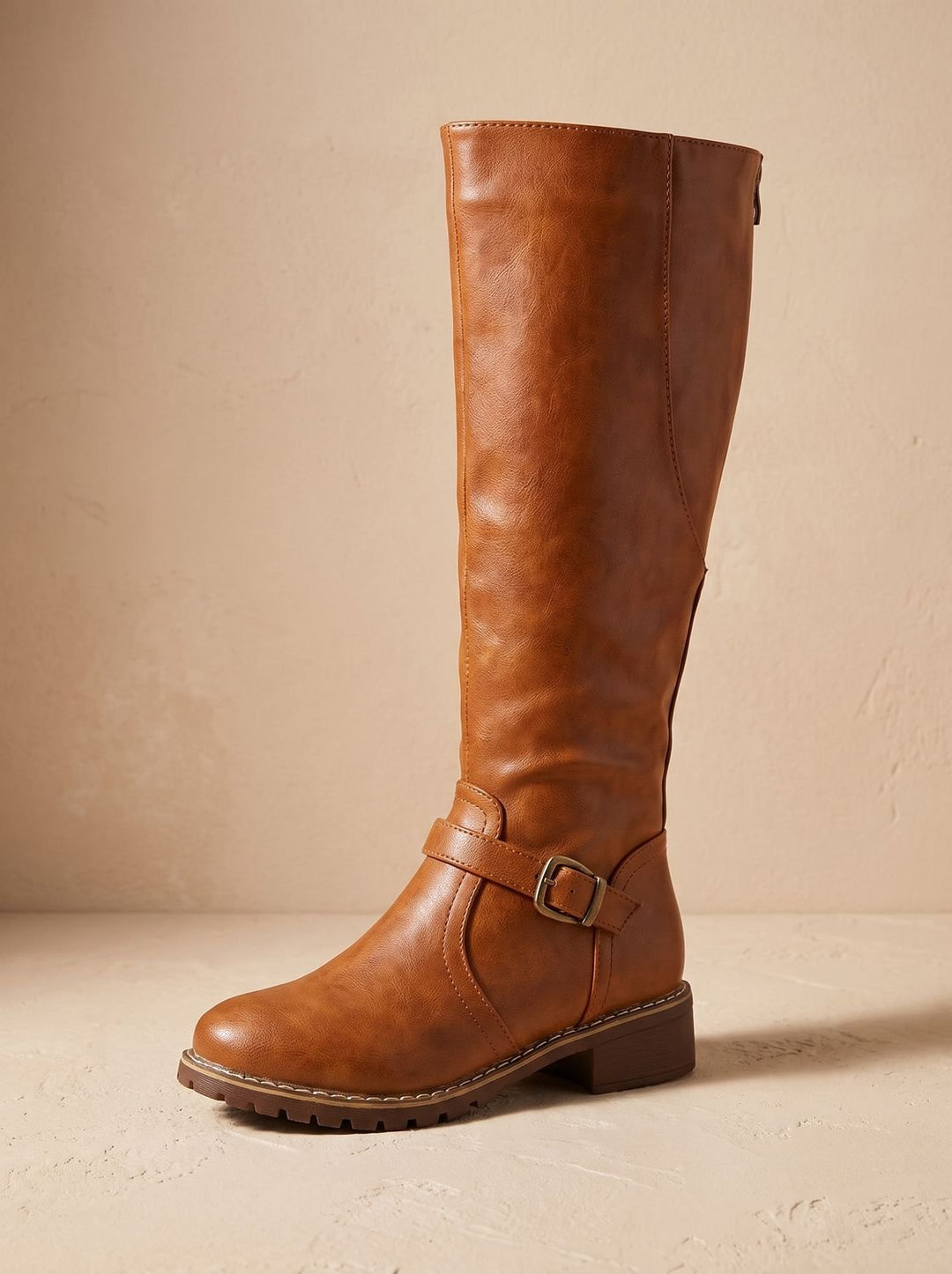 Women's Faux Leather Knee High Boots Buckle Side-Zip