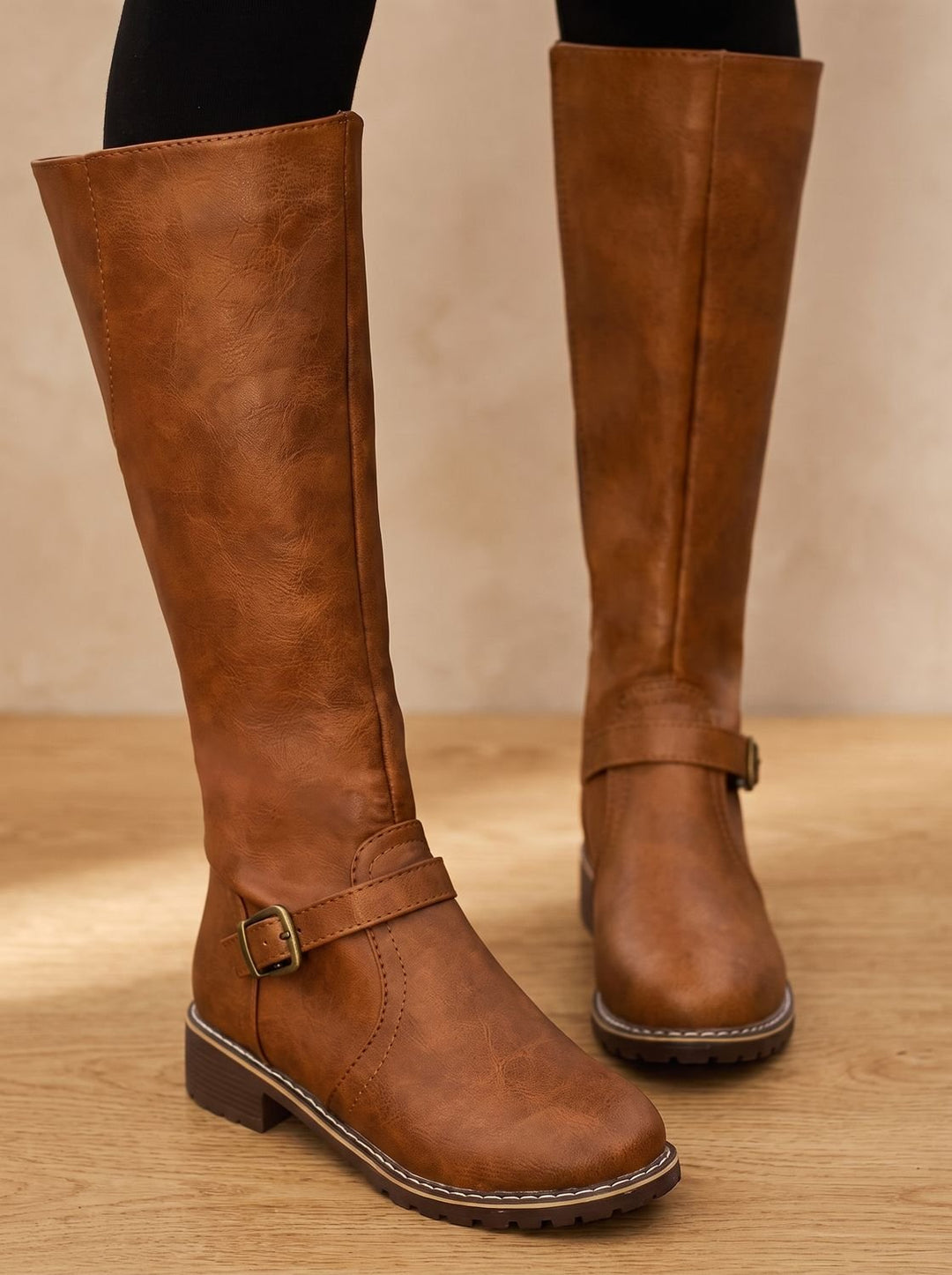 Women's Faux Leather Knee High Boots Buckle Side-Zip