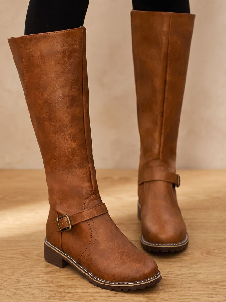 Women's Faux Leather Knee High Boots Buckle Side-Zip