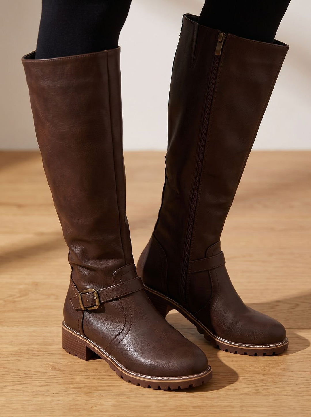Women's Faux Leather Knee High Boots Buckle Side-Zip